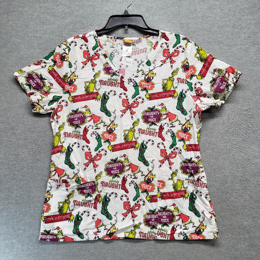 Dr Seuss Women Scrub Top Medium White Christmas Definitely Naughty‎ Pockets